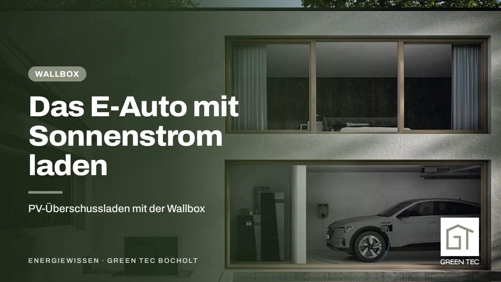Titelbild: Das E-Auto mit Sonnenstrom laden – Elektroauto in der Garage eines modernen Hauses
