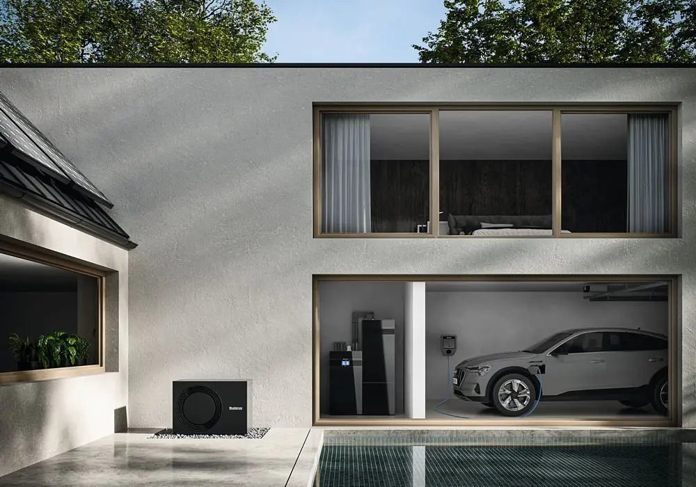 Modernes Haus mit Wärmepumpe und Elektroauto in der Garage